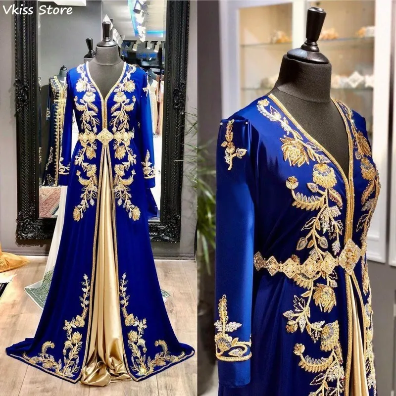 

Royal Blue Evening Dress Muslim A-line Elegant V-neck Long Sleeves Floor Length Applique 2020 Long Prom Dress вечернее платье