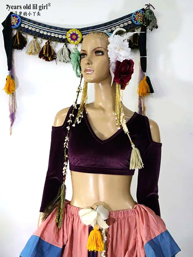 Бархатные толстый шанс Племенной чоли для танца живота падения с длинным рукавом