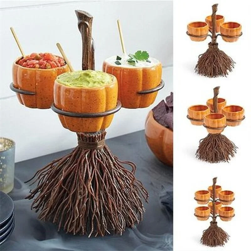 Halloween Pumpkin Snack Shelf Fruit Plate with Wooden Stand Candy Serving Plate Bowl Kitchen Party Food Display Tray