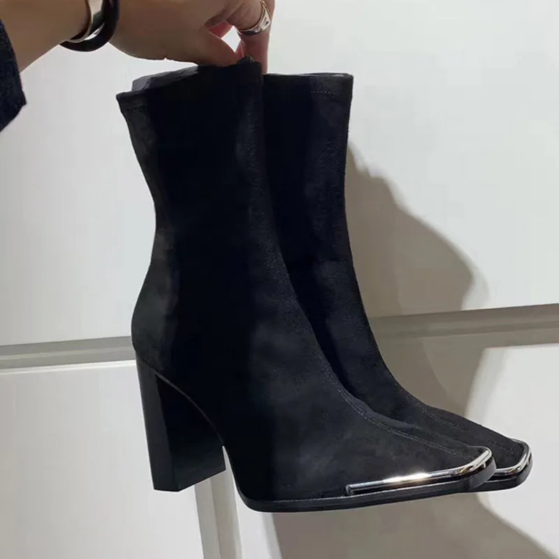 Женские кожаные ботинки знаменитости черные эластичные ботильоны на высоком