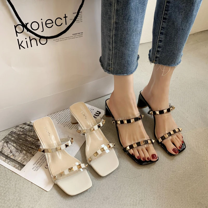 

Slippers Women Summer Slides Shoes Heeled Mules Pantofle Rivet High Transparent 2021 PU Scandals Rubber Pumps Hoof High-Heeled S