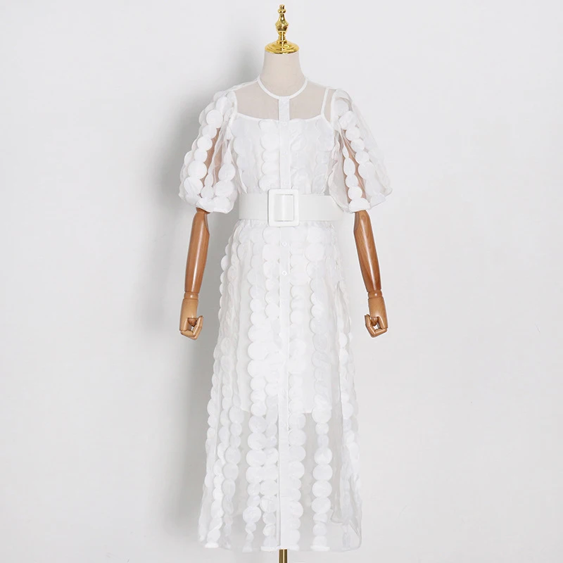 

GALCAUR Perspective Dress For Women O Neck Short Sleeve High Waist Patchwork Sashes Elegant Dresses Female 2021 Autumn Clothing