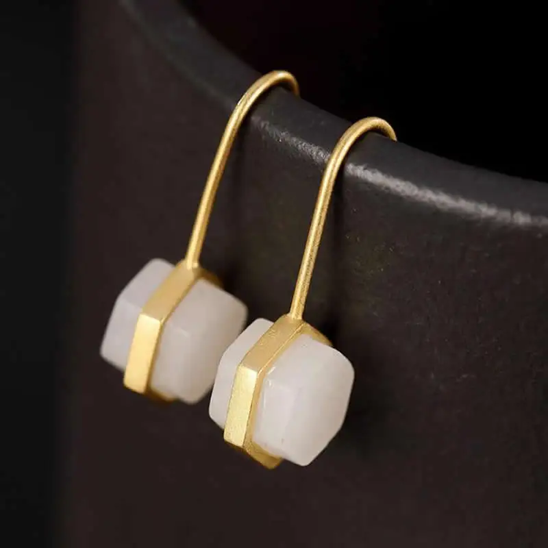 

Pure S925 Silver Earrings Natural White Jadeite Geometry Dangle Earrings
