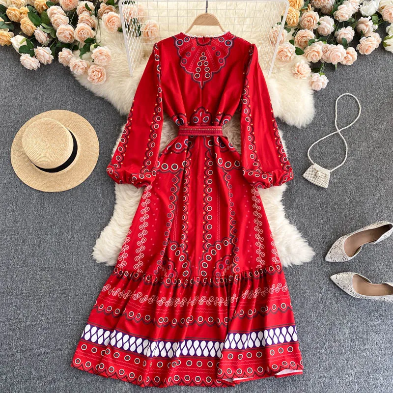 

Croysier Dresses For Women 2021 Elegant Vintage Print Vacation Boho Dress Lace Trim Round Neck Long Sleeve Midi Dress With Belt