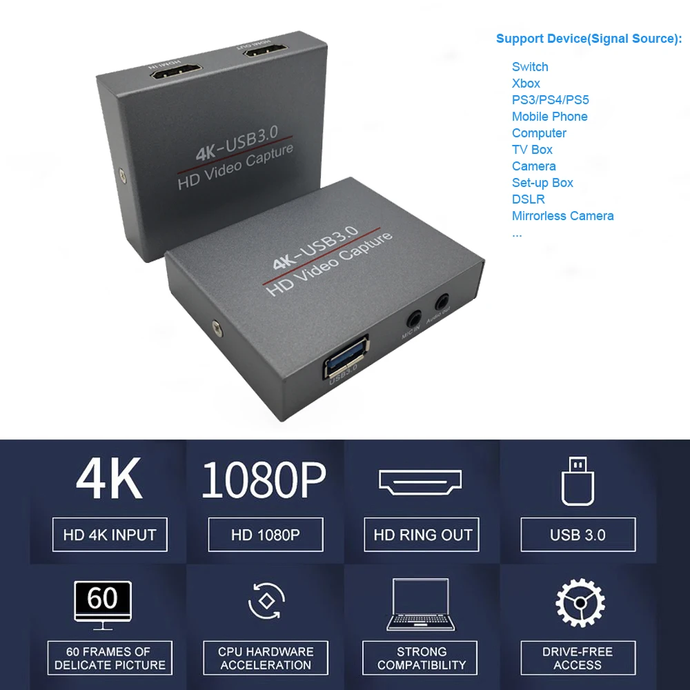 

Карта видеозахвата 4K, USB 3,0, HDMI-совместимая, 1080P