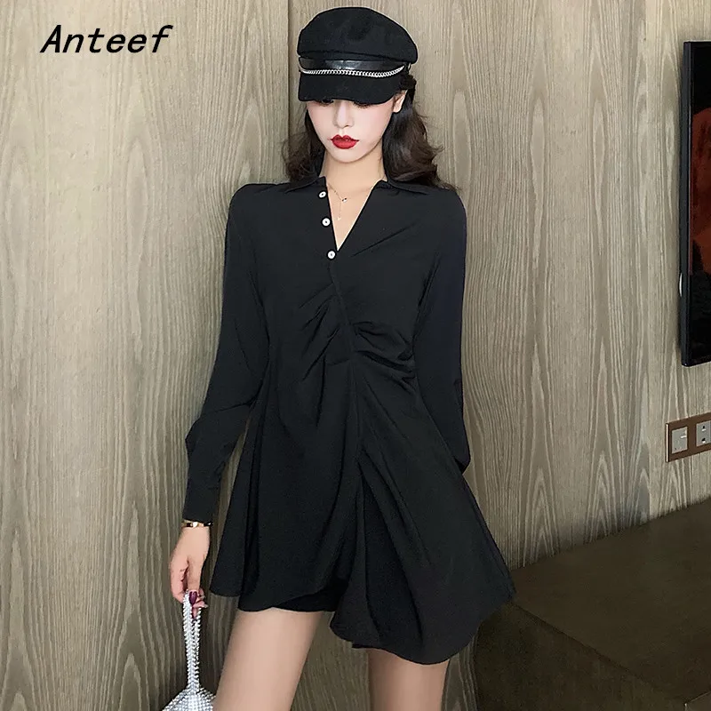 

Anteef long sleeve black vintage dresses for women casual loose mini short spring autumn dress elegant clothing 2021