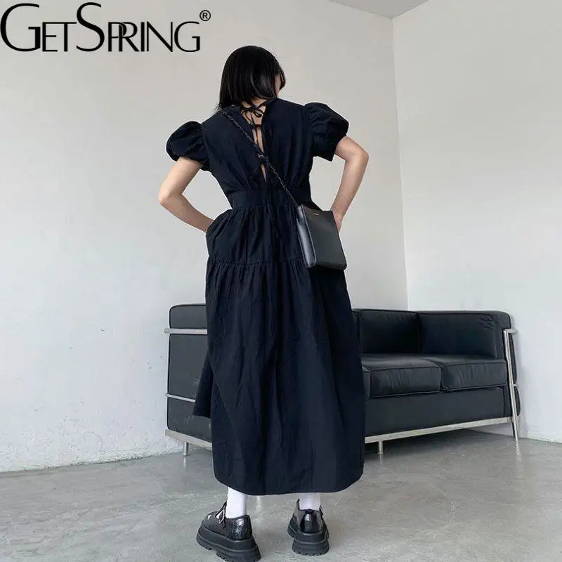 

Getspring, женское платье с пышными рукавами, хлопковые бандажные платья-рубашки, черные, белые, большие размеры, длинные летние платья для девоч...