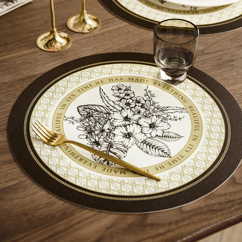

Round Placemats and Coasters Luxury Black Gold Series Faux Leather Waterproof Table Mats Easy to Wipe Off for Kitchen Dining