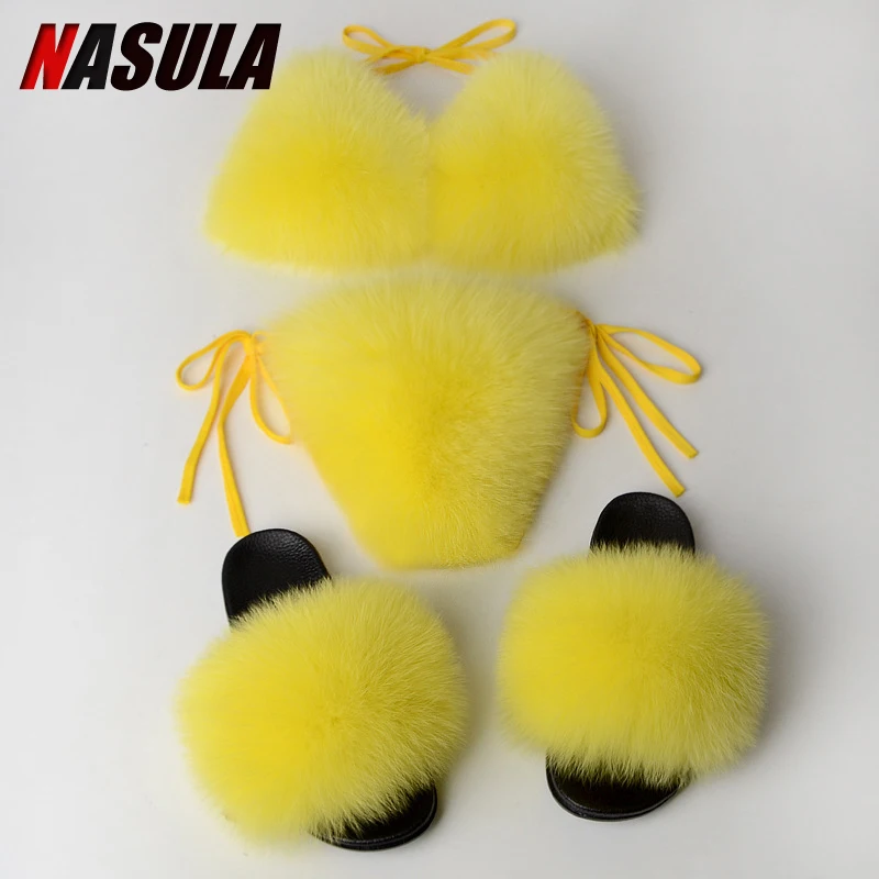 Тапочки женские из натурального Лисьего меха пикантное летнее пляжное нижнее