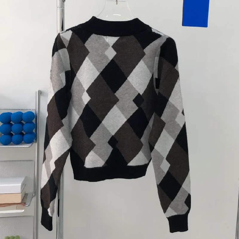 

2021 Luxury Design Women's new autumn and winter sweater fashion diamond check long sleeve round neck sweater casual sweater