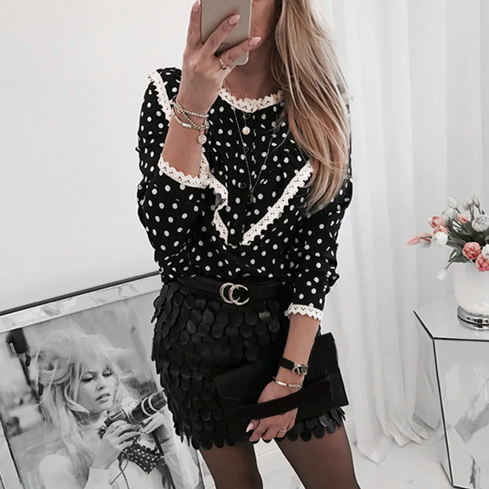 Женская блузка в горошек с рукавами 3/4 женская рубашка круглым вырезом женские