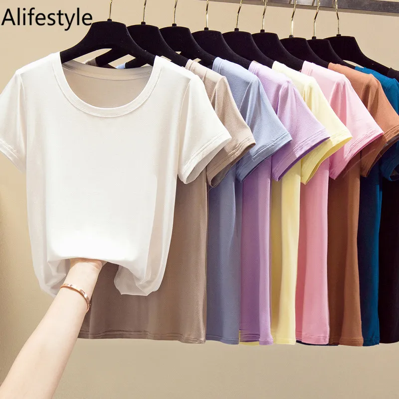 

2020 Popular Light Thin High Elastic Fashion Casual Round Collar Short Sleeve T-Shirt Brand High Quality Pure Cotton Women'S Top