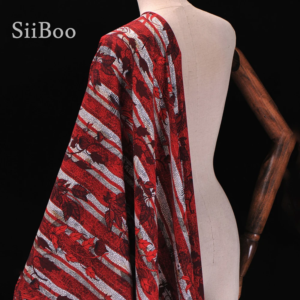 Роскошная красно синяя шелковая ткань стрейч в полоску с растительным принтом