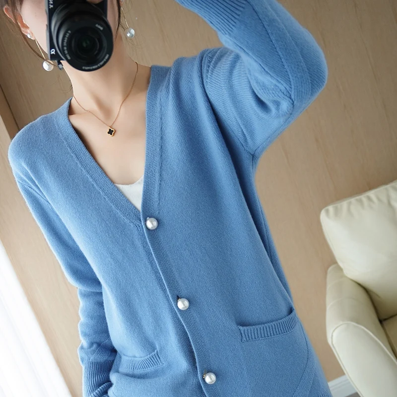 

Cashmere sweater women's V-neck cardigan knitted wool coat pure color loose casual Korean style knitted plus size top women