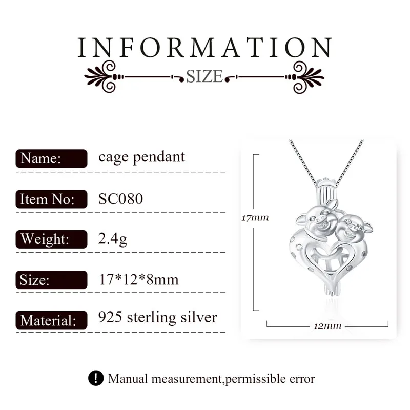 CLUCI 925 пробы кулон с серебряной клеткой ожерелье двойными свиньями подвеска для