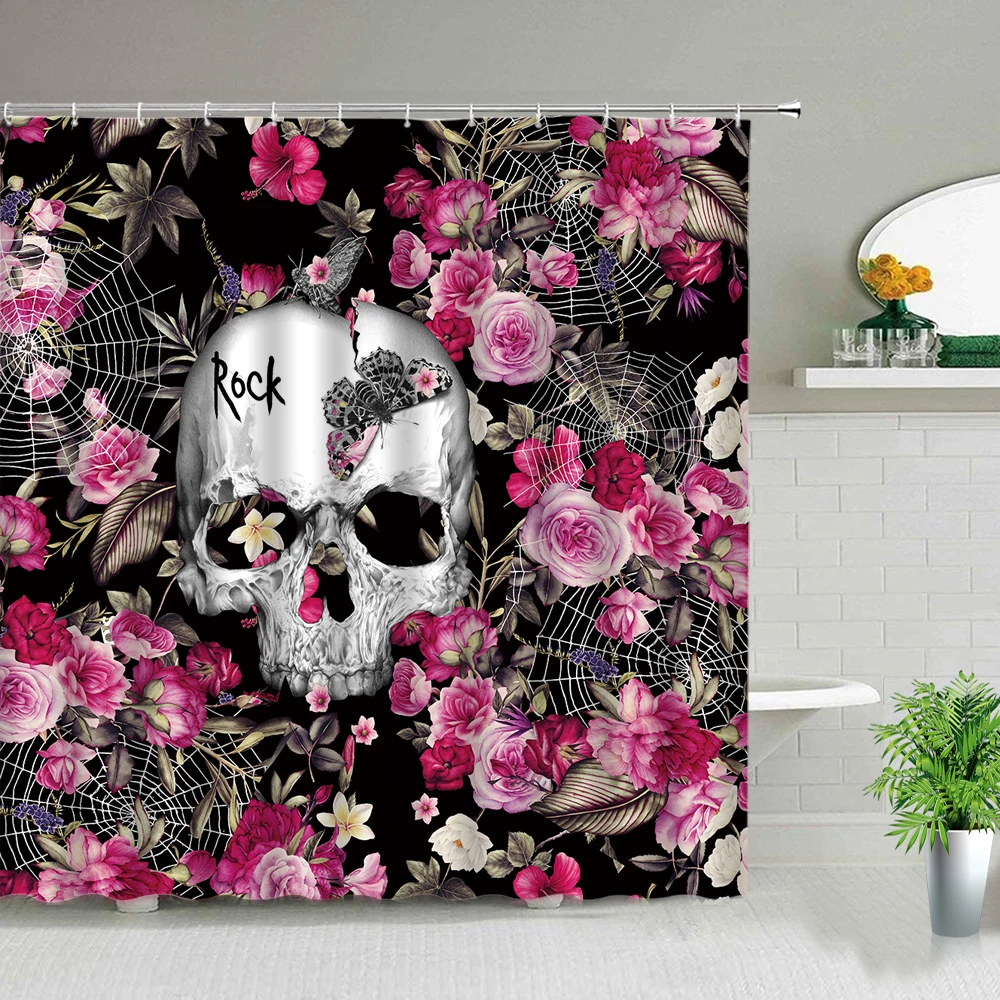 

Scary Halloween Skull Printed Shower Curtain Pink Rose Flower Cartoon Waterproof Bathroom Curtains Home Decor Screen With Hooks