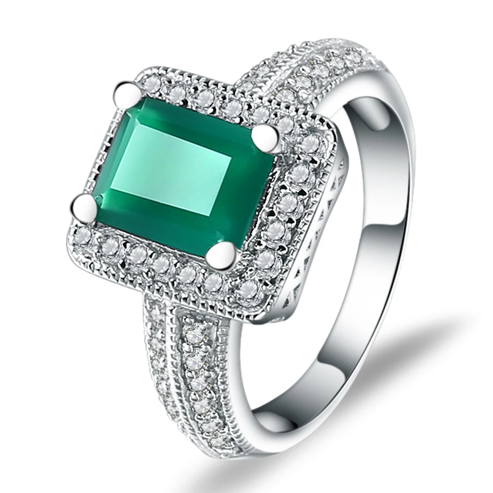 Gem's Ballet 2.05Ct Emerald Cut Natural Green Agate Ring 925 Sterling Silver Gemstone Vintage Rings For Women Fine Jewelry