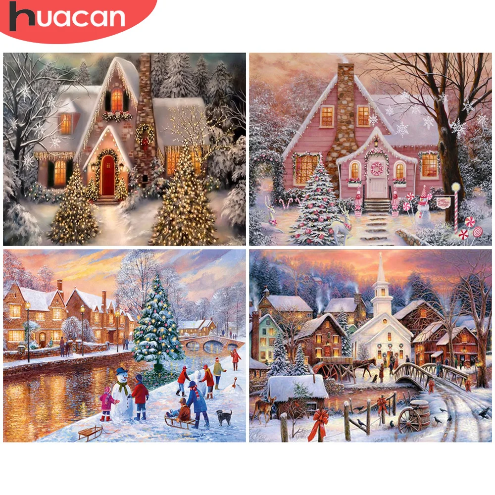 

HUACAN Diamond Painting Christmas House 5D DIY Diamond Embroidery Winter Snow Mosaic Rhinestone Landscape Home Decor
