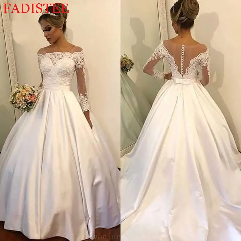 

атласное платье Lace Appliques Satin Wedding Dresses Robe De Mariée Formal Bride To Be Vestido De Novia Sweep Train