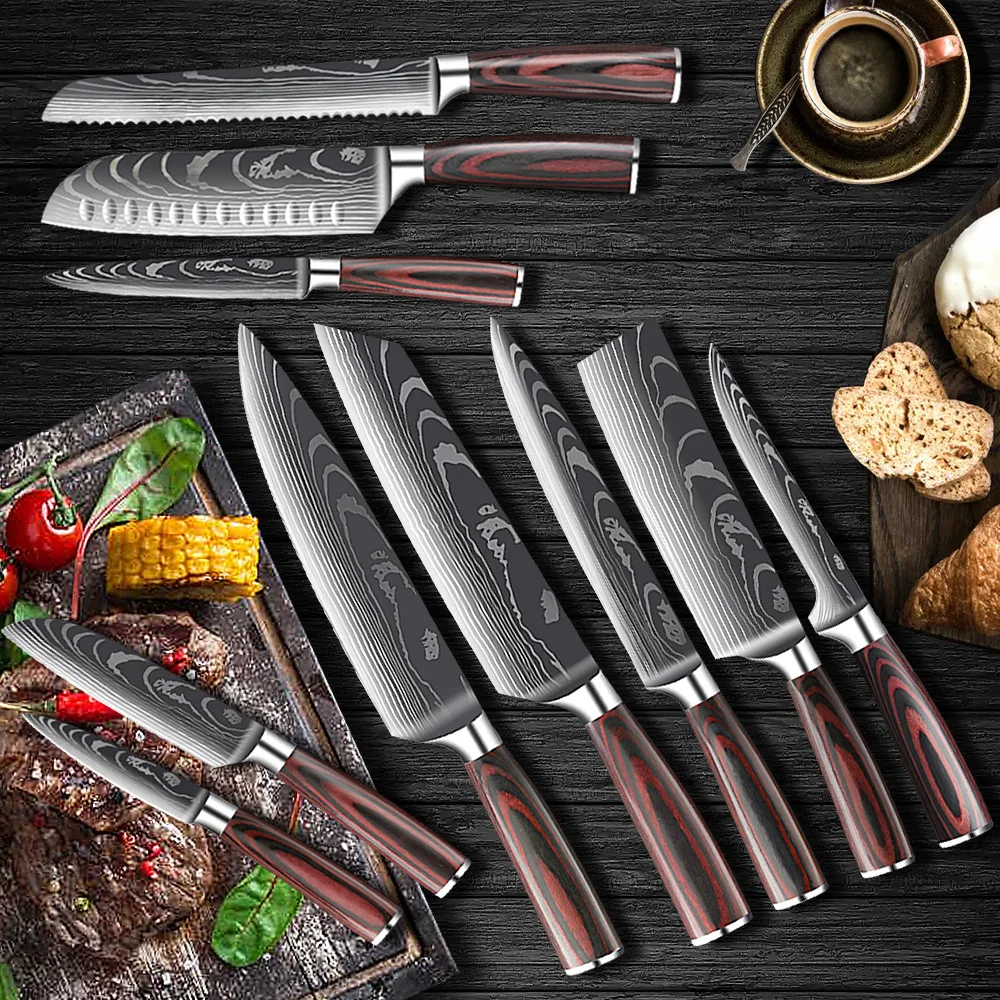 SANLEPUS Chef knife 3 PCS Set Kitchen Knives Laser Damascus Pattern Sharp Japanese Santoku Knife Cleaver Slicing Utility | Дом и сад