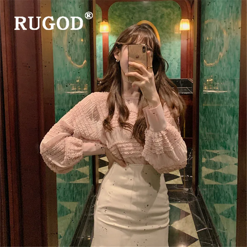 

RUGOD new korean sweet fold shirt women fashion O neck lantern sleeve chiffon blouse lady sexy elegant transparent summer tops