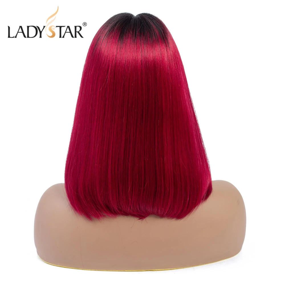 LADYSTAR прямой короткий Боб человеческие волосы парики для женщин Т-образный парик шнурка природы и Омбре человеческие волосы парик remy Волосы 150 плотность