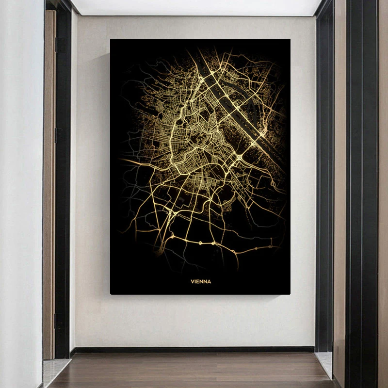 Плакат с изображением карты Венского города Австрия золотой светящийся Черное