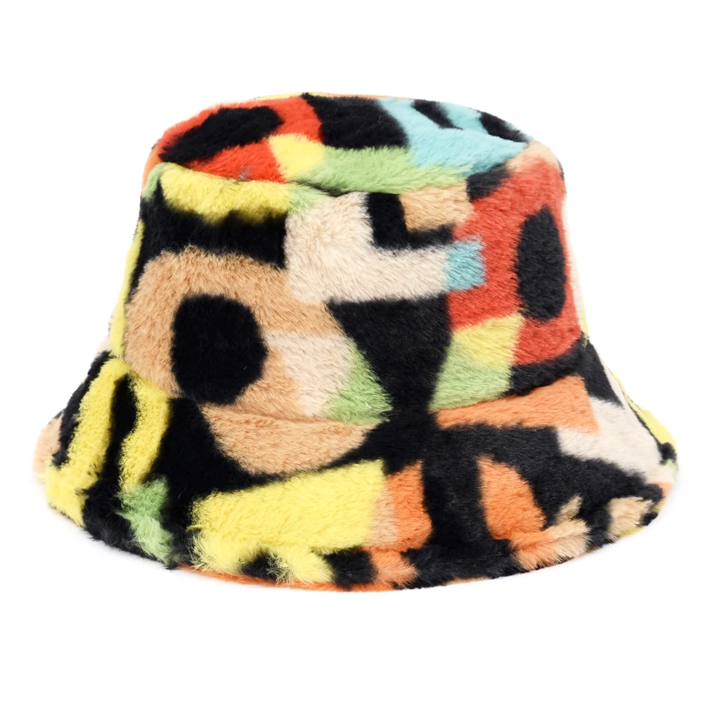 

2020 Laday Winter Hat Multicolor Faux Fur Letter Pattern Bucket Hats for Women Soft Warm Rainbow panama fuffy bob Gorros Mujer