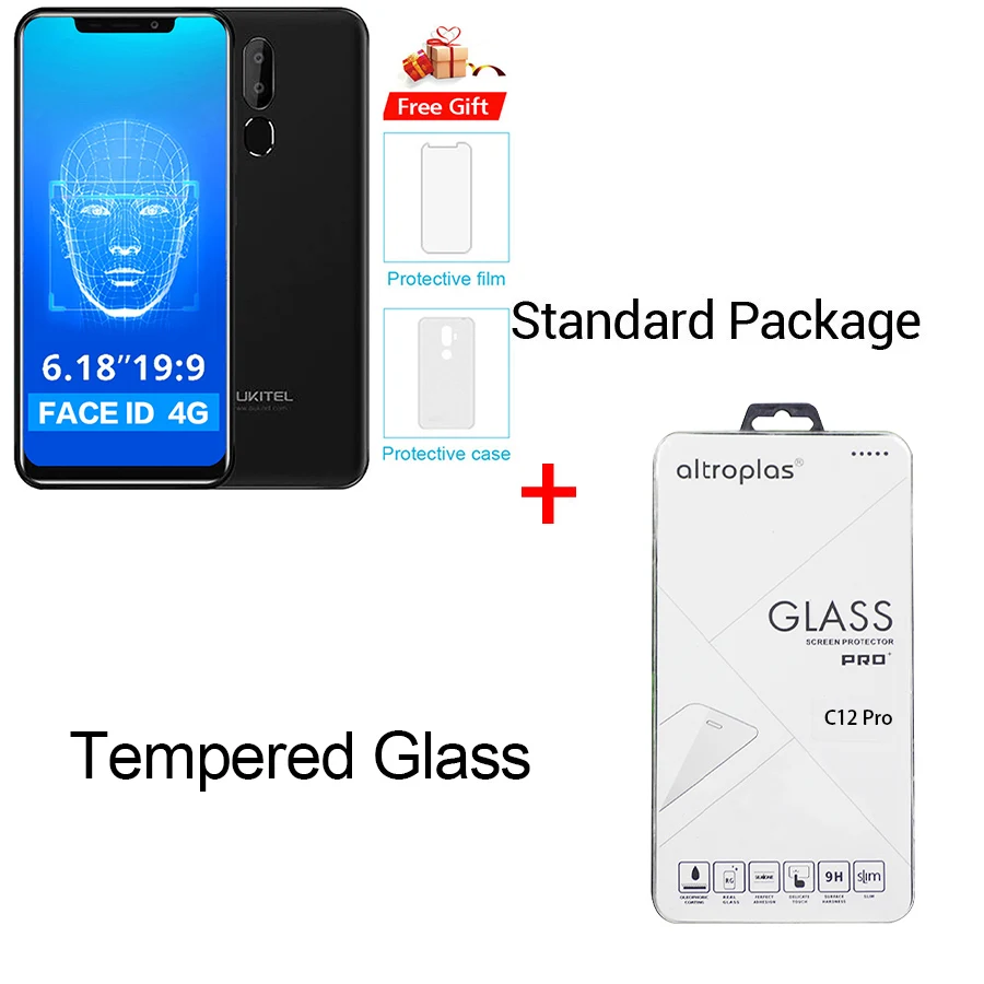 Black N Temper Glass OUKITEL C12 Pro 4G 6,1" 19:9 Android 8,1 Face ID 3300 мАч MT6739 четырехъядерный 2 Гб ОЗУ 16 Гб ПЗУ 8МП+ 5Мп отпечаток пальца мобильный телефон - Цвет: Black N Temper Glass