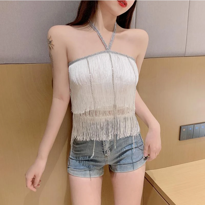 

Sexy Tank Top Beautiful Back Tassel Rhinestone Chain Crop Tops Women Summer Camis Fashion Tube Tank Female Sleeveless Vest