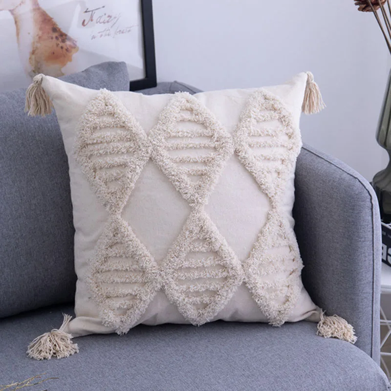 

Beige Handmade Geometric Embroidery Pillow Cover Tels Home Decor Cushion Cover PillowCase Pillow Sham 45X45cm
