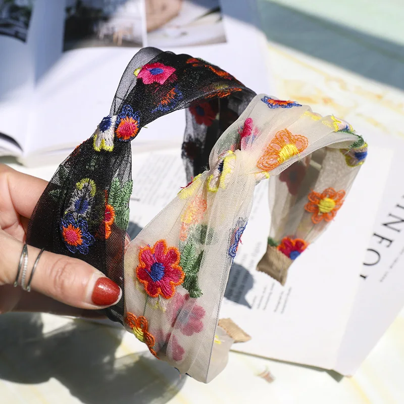 Женский широкий обруч для волос с цветочной вышивкой в стиле ретро летняя