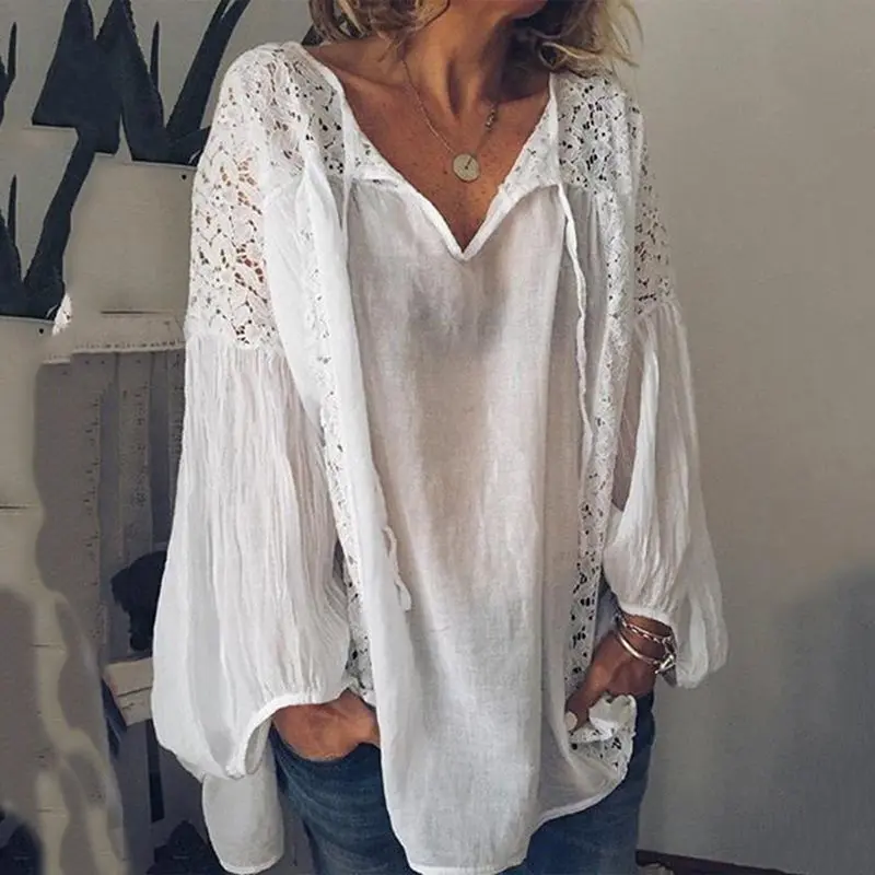 Осенняя женская Свободная блуза пуловер Простые Белые Серые богемные блузки с v
