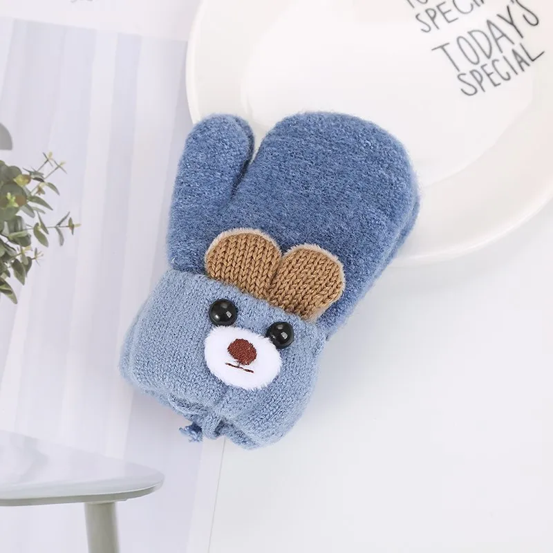 blue Детские перчатки, зимние вязаные шерстяные вязаные перчатки с милым медведем из мультфильма, толстые теплые детские перчатки для мальчиков и девочек 0-3 лет, GAG07 - Цвет: blue