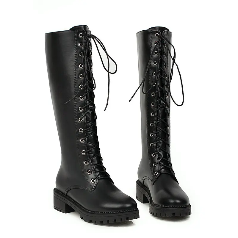 Женские высокие сапоги на шнуровке черные или белые до колена низком каблуке с
