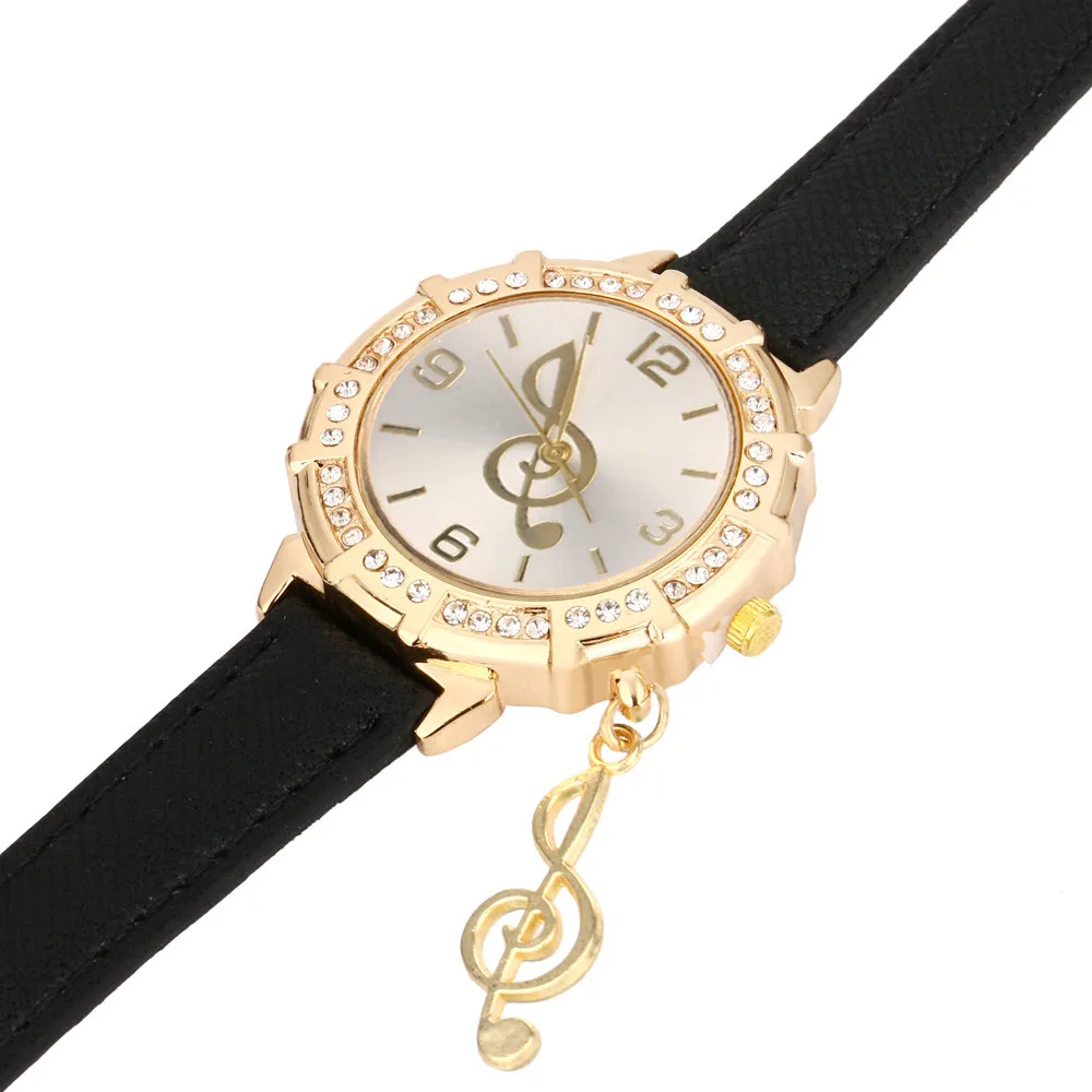 

New Women Quartz Wristwatch Point drill Music Symbol Pendant Leather Belt Watch Musical Note Tower Rhinestone Pendant Watches