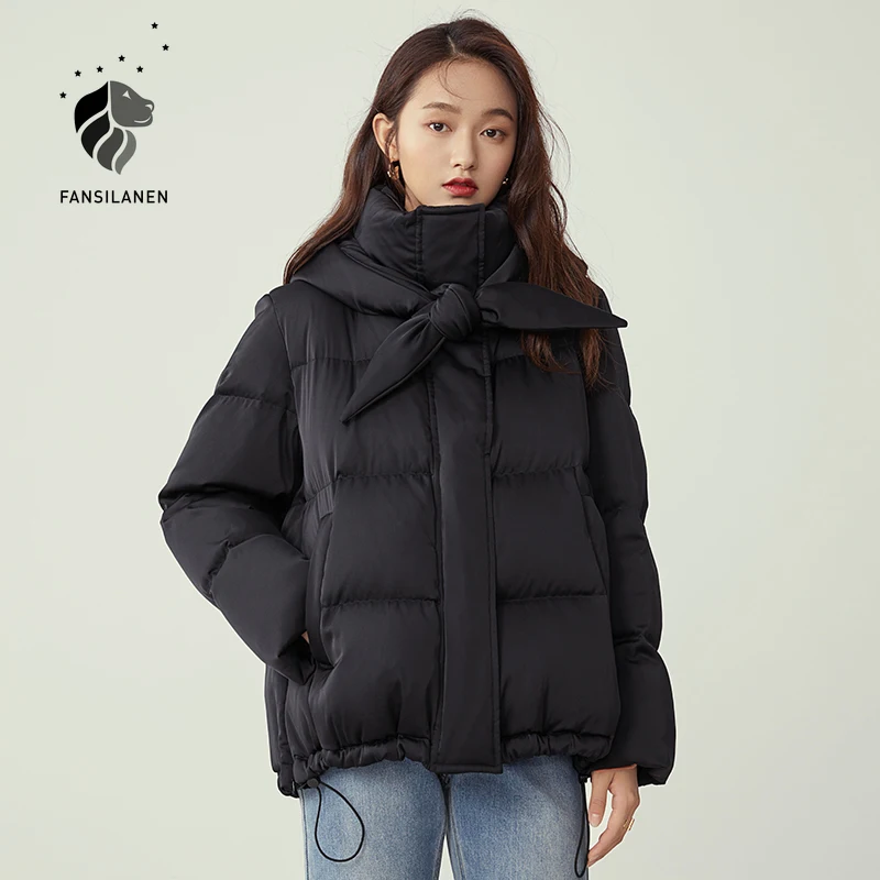 

FANSILANEN Hooded Casual Black Short Down Jacket Women Bow Wram Quilted Puffer Winter Coat Female Light Thermal Down Parka 2020