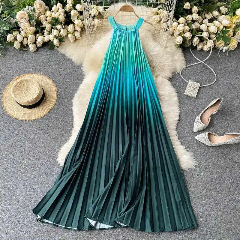 

2021 Summer Ruffled Dress With Gradually Changing Neck Loose Sleeveless Rainbow Dress Elgant Party Sexy Beach Sunness Vacation