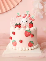 bunny cute happy birthday party baking cake toppers sweet decorations ornaments cartoon strawberry cherry girl pink supplies