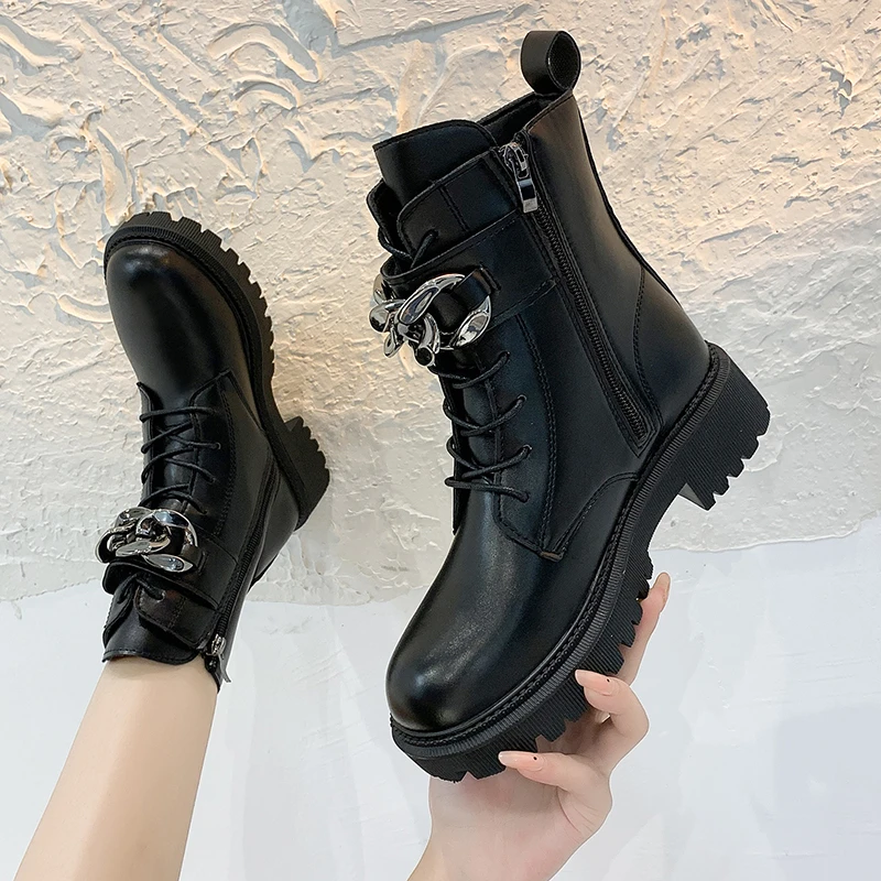 

2021 Fashion Plaid Leather Platform Motorcycle Boots Women Chunky Ankle Boots Woman Autumn Winter Thick Bottom Large Size 35-43