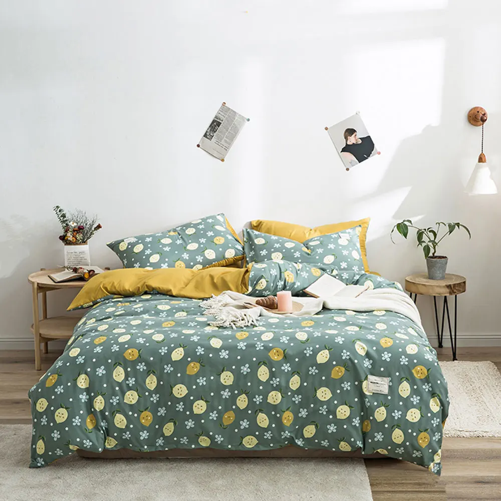 

Svetanya Yellow Lemons Fruits Green Duvet Cover Set Microfiber Queen Size Bedding Set Bedlinens Flat Sheet Pillow Cases