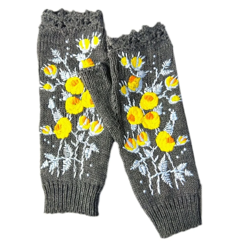Женские осенние вязаные Удлиненные перчатки без пальцев с цветочной