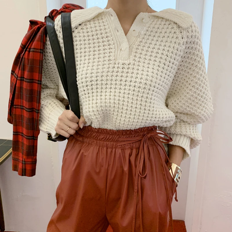 Flectit Bright Solid Color Long Sleeve Half-Button Lapel Collar Jumper Women Sweater Casual Chic Loose Pullovers Knit Tops * | Женская