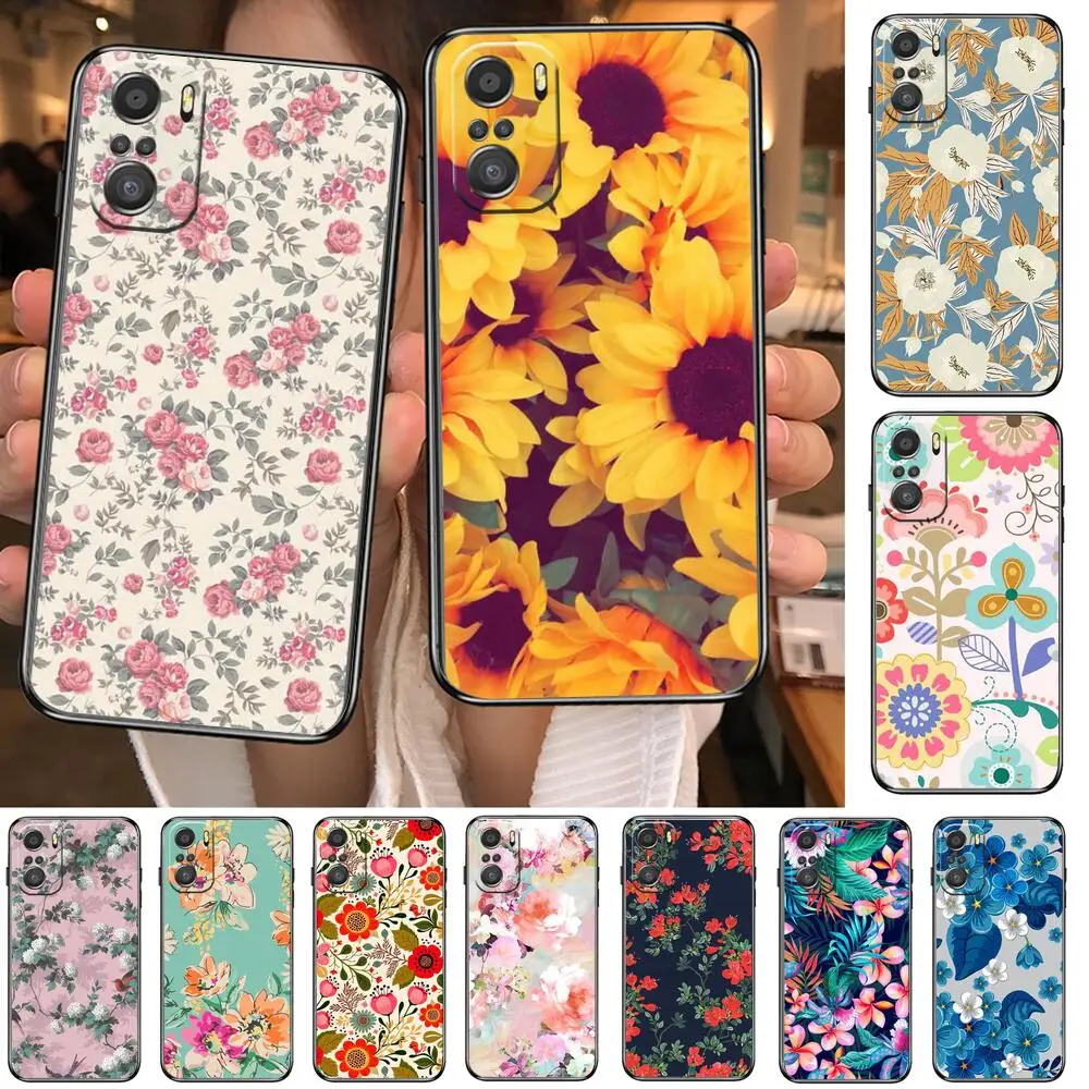 

Floral Beautiful Flowers Rose Sunflower cartoon Phone Case For XiaoMi Redmi Note 10 9 9s 8 7 6 5 A Pro s T Black Cover Silicone