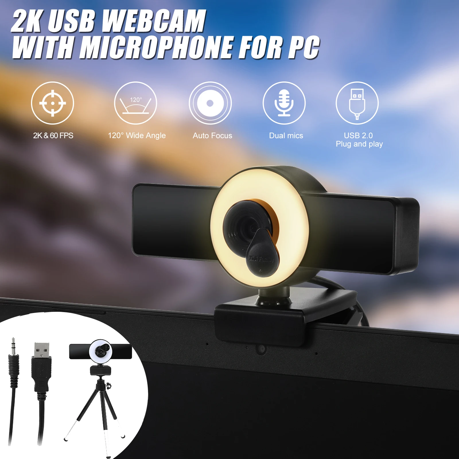 Webcam Camera 2K Hd Autofocus Brightness Adjust Web Camera With Microphones Tripod For Video Conference Facebook YouTube