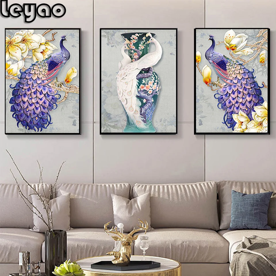 

5d Diamond Painting Full Square/Round Living Room Dining Triptych Vase Peacock Diamond Mosaic Cross Stitch Diamond Embroidery