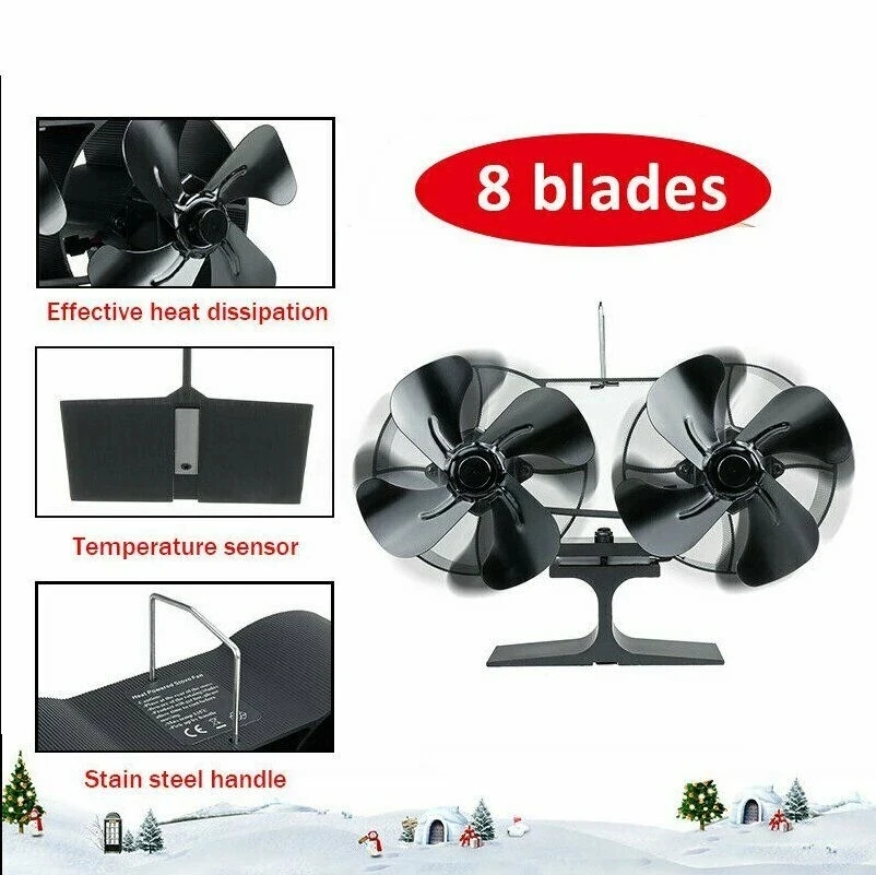 8 Blade Black Fireplace fan Heat Powered Stove Fan Log Wood Burner Eco Fan Quiet Home Fireplace Fan Efficient Heat Distribution