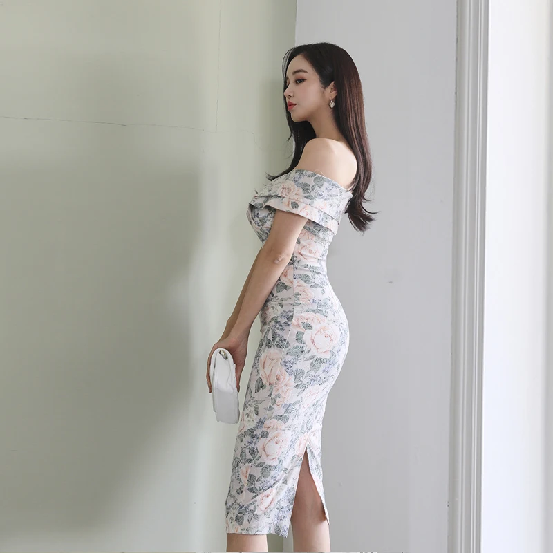 

2020 Real Women Elegant Blazer Womens Sets 2021 Korean Version Of Slim And Thin One-shoulder Floral Bag Hip Dress