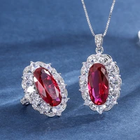 eyika trendy 1020mm oval imitation ruby women pendant necklace ring cubic zircon wedding vintage jewelry sets accessories gift