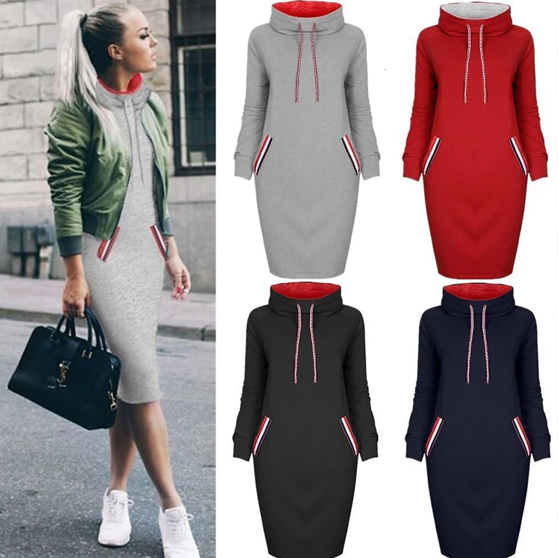 

Dress Women Autumn Winter Sweatshirt Dress 6 Colors Slim Long Sleeves Turtleneck Drawstring Harajuku Hoodies Moletom Feminino Ez